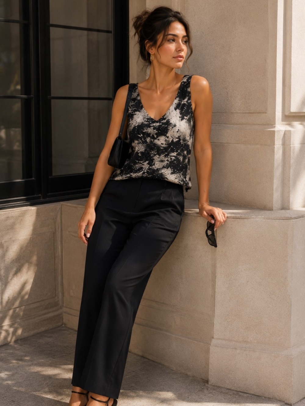 Babaton Sleeveless V-Neck Black & Cream Tie-Dye Tank Top